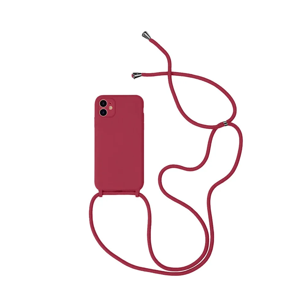 Coque Silicone avec Cordon Apple iPhone 12 Rouge Pourpre