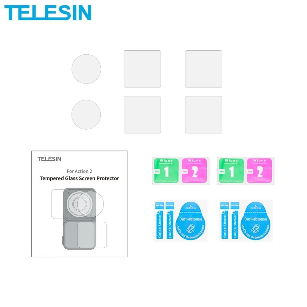 Verre Trempé Classique TELESIN pour DJI Action 2 Dual-Screen Combo (4x Écran + 2x Lentille) Transparent