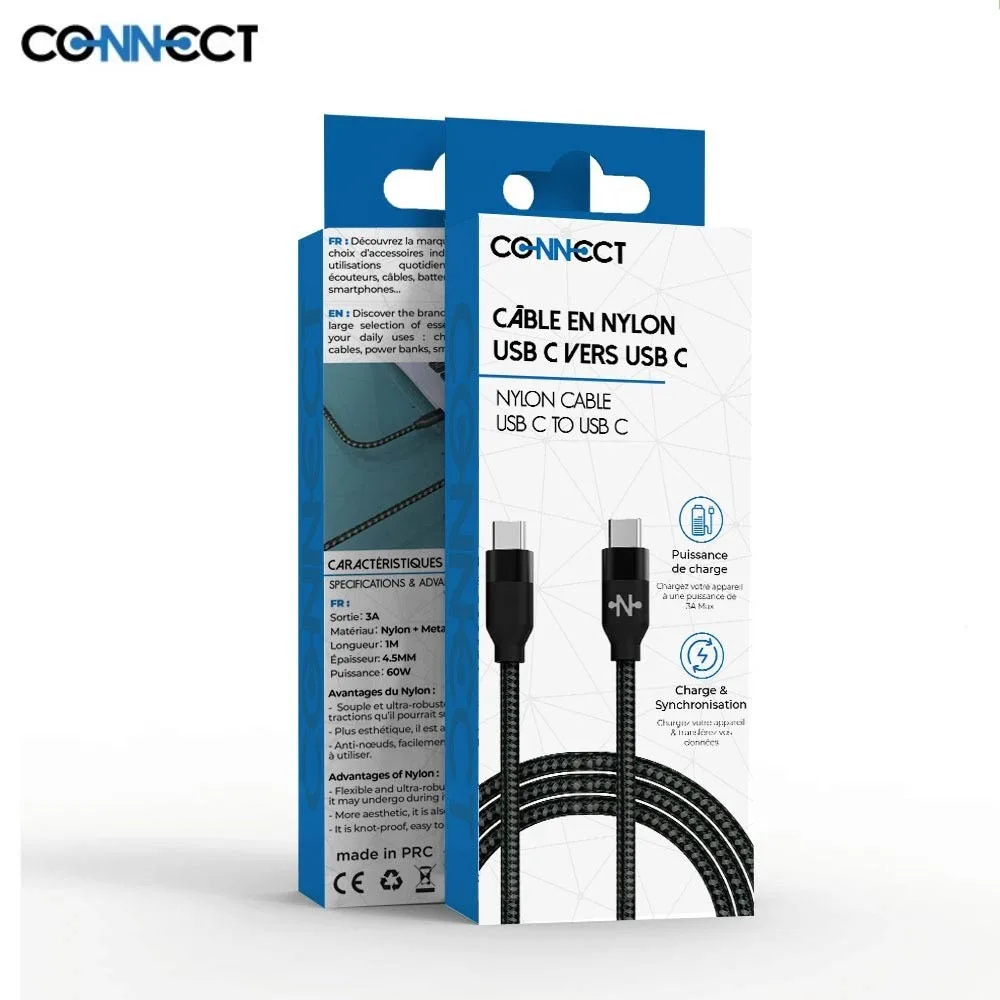 Câble Data USB-C vers USB-C CONNECT Nylon Tressé 60W (1m) Noir — vue 2