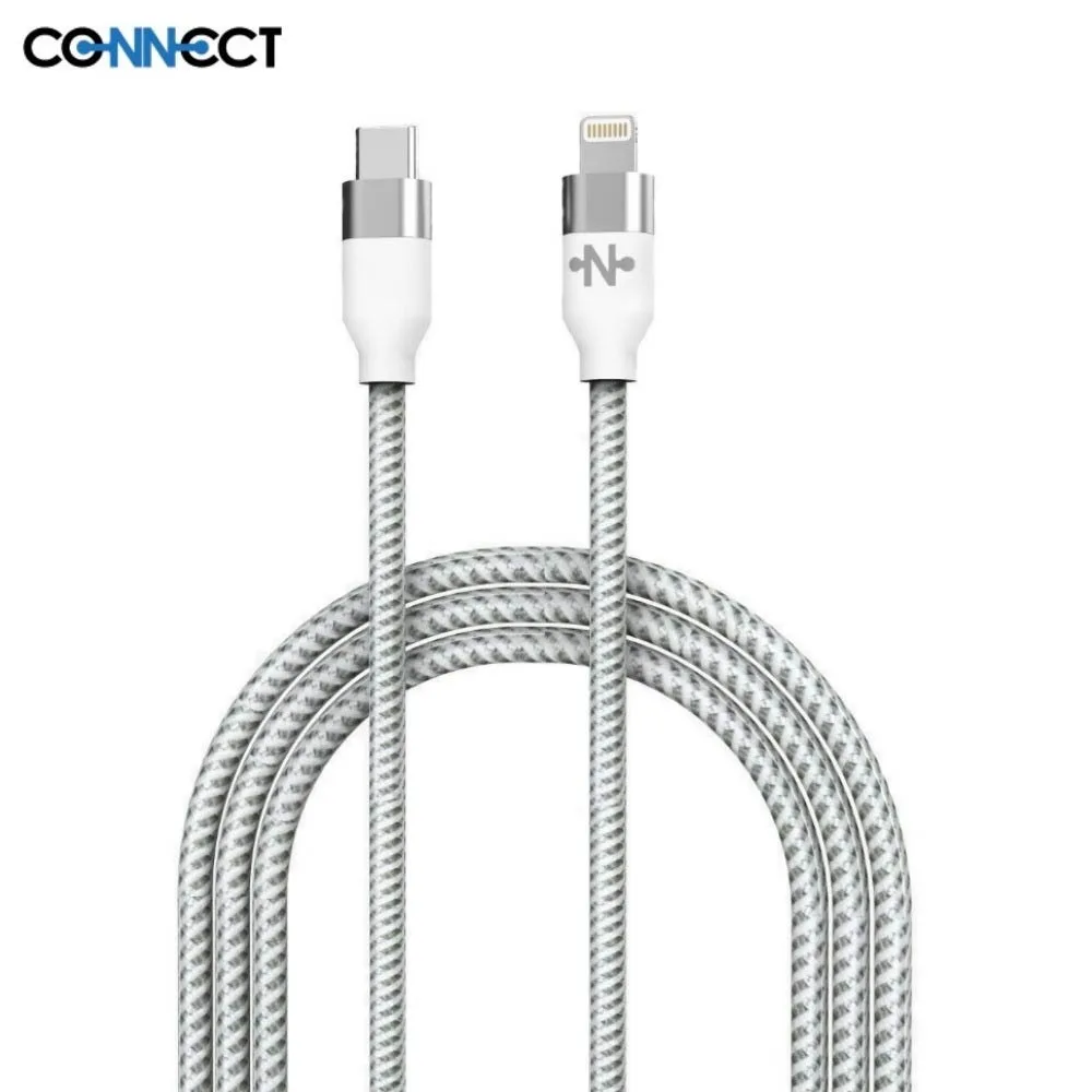 Câble Data USB-C vers Lightning CONNECT Nylon Tressé 20W (2m) Blanc
