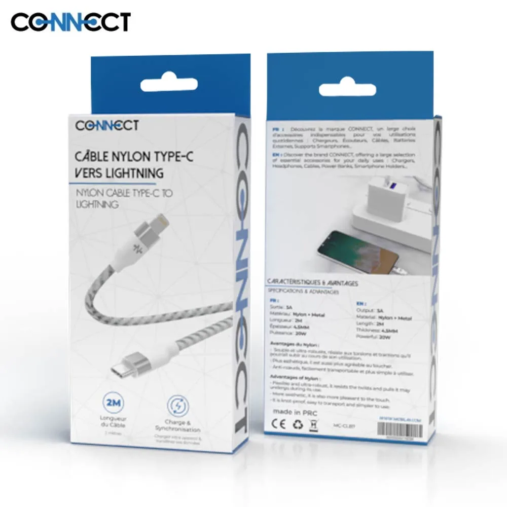 Câble Data USB-C vers Lightning CONNECT Nylon Tressé 20W (2m) Blanc — vue 2