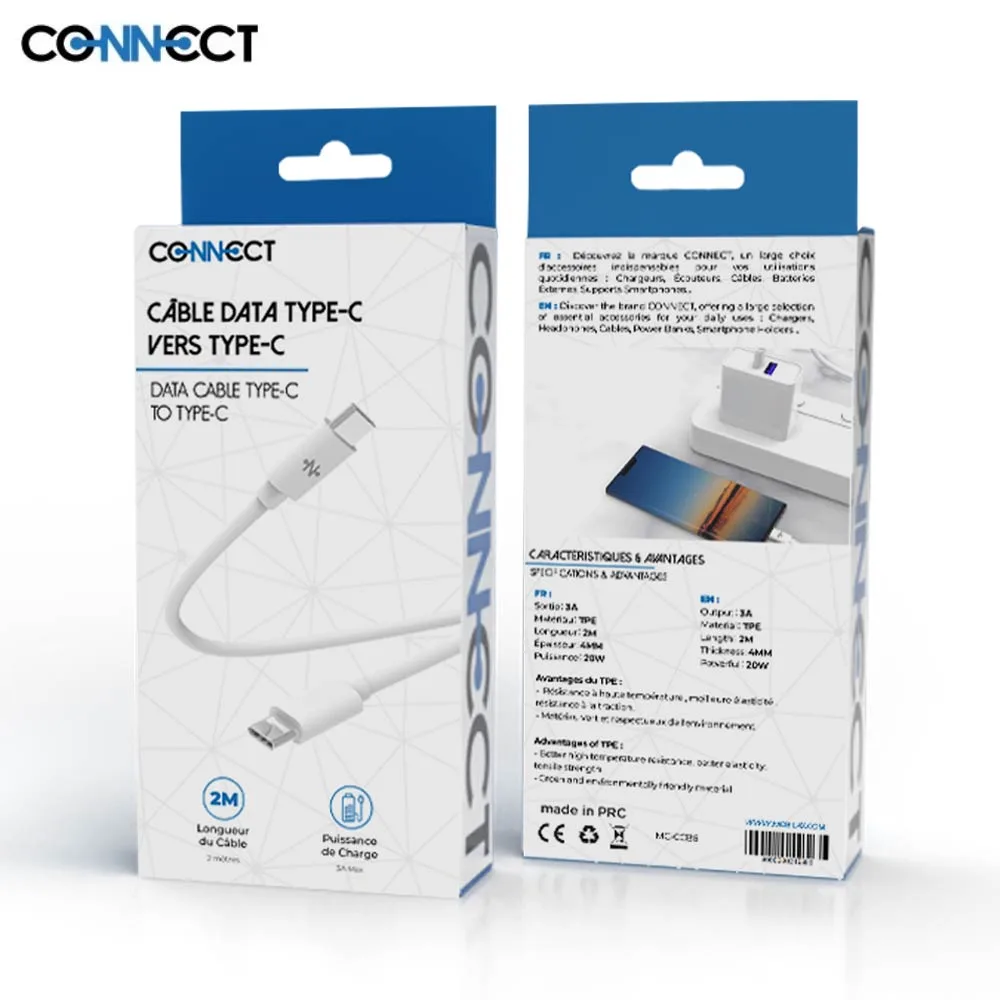 Câble Data USB-C vers USB-C CONNECT 60W (2m) Blanc — vue 2