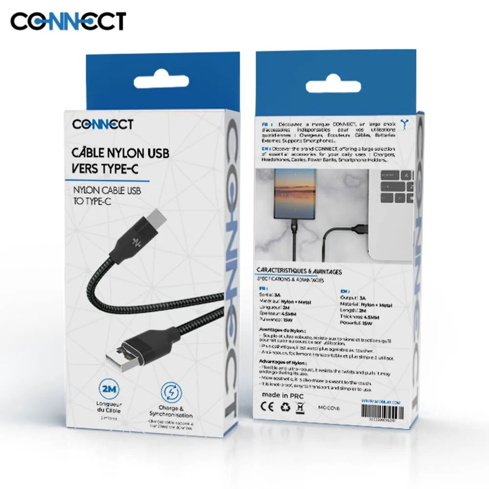Câble Data USB vers USB-C CONNECT Nylon Tressé 15W (2m) Noir — vue 2