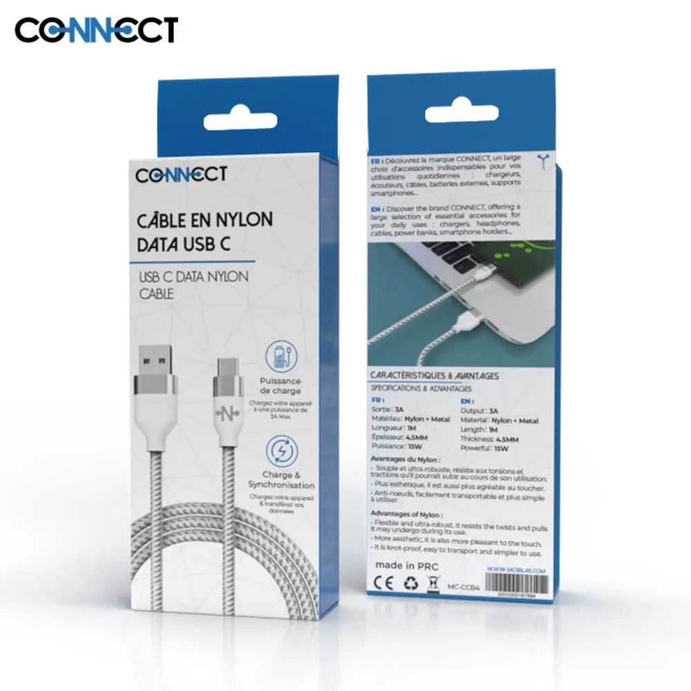 Câble Data USB vers USB-C CONNECT Nylon Tressé 15W (1m) Blanc — vue 2