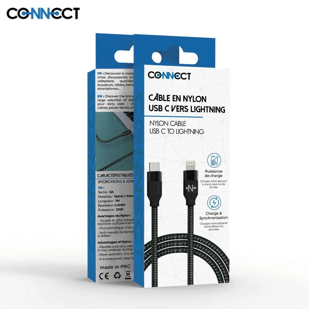 Câble Data USB-C vers Lightning CONNECT Nylon Tressé 20W (2m) Noir — vue 2