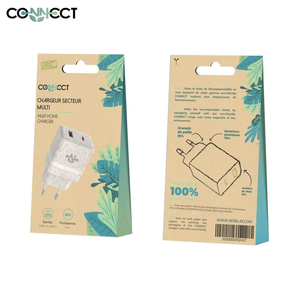Chargeur Secteur Multi CONNECT Eco-Friendly (Type-C + USB) 33W Beige — vue 2