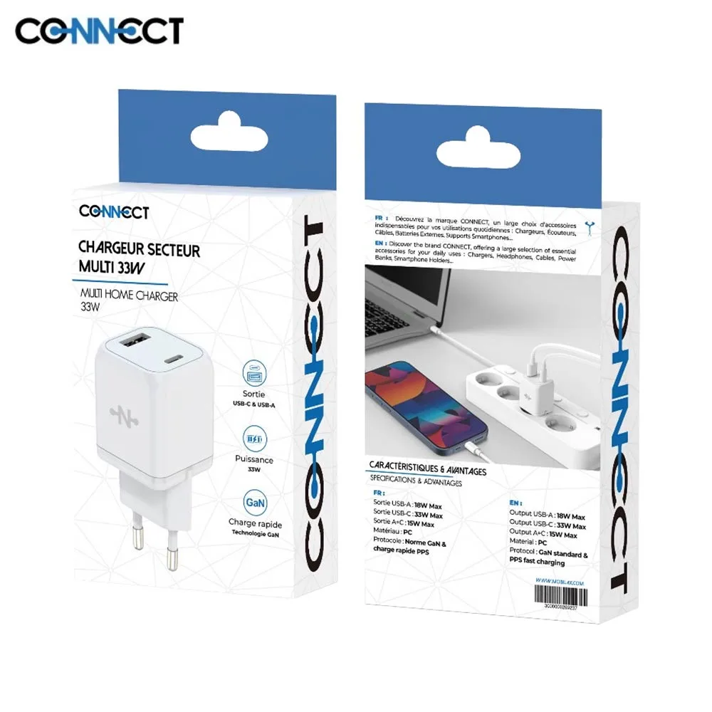 Chargeur Secteur GaN Multi CONNECT Charge Rapide 33W (USB + Type-C) Blanc — vue 2