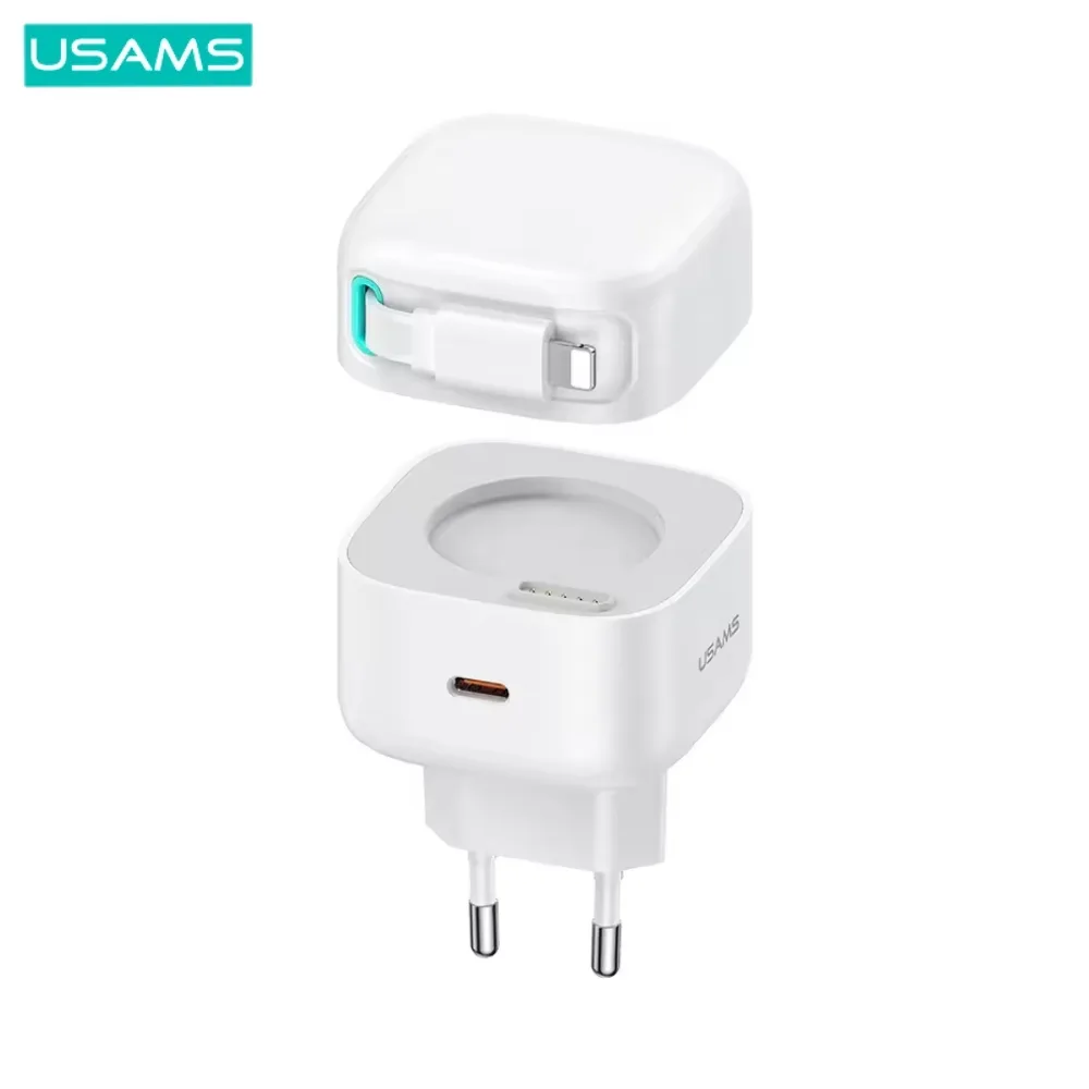 Chargeur Secteur GaN Usams Type-C 35W (avec Câble Rétractable Lightning) Blanc