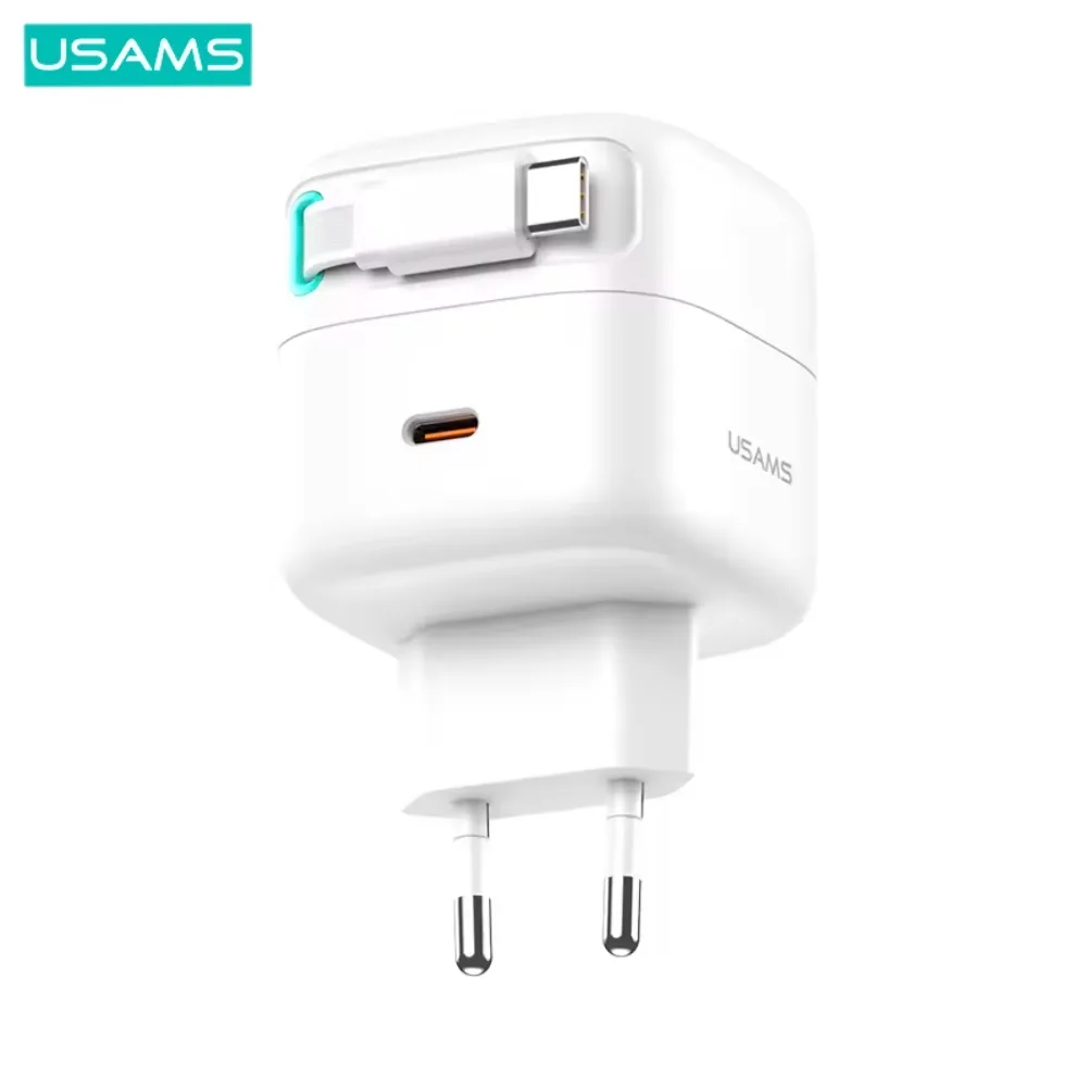 Chargeur Secteur GaN Usams Type-C 35W (avec Câble Rétractable Type-C) Blanc