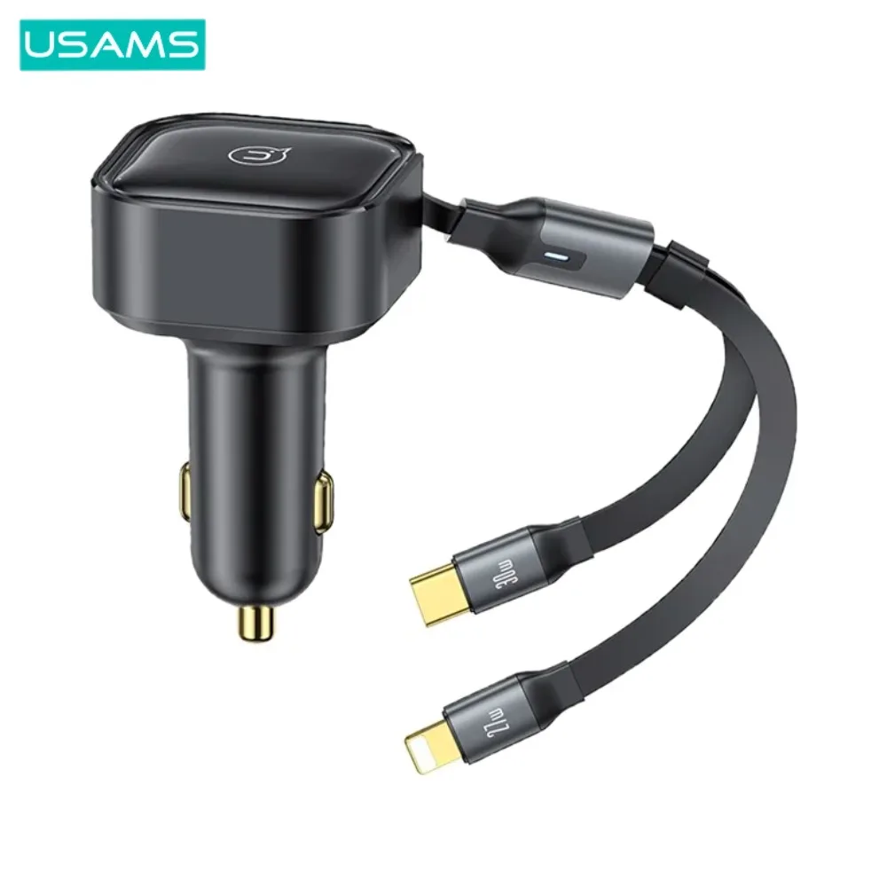 Chargeur Allume-Cigare Usams C41 30W avec Cable Rétractable 2 en 1 (Type-C + Lightning) Noir