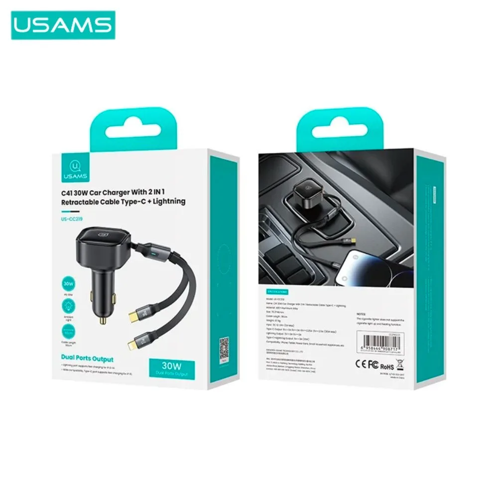 Chargeur Allume-Cigare Usams C41 30W avec Cable Rétractable 2 en 1 (Type-C + Lightning) Noir — vue 3