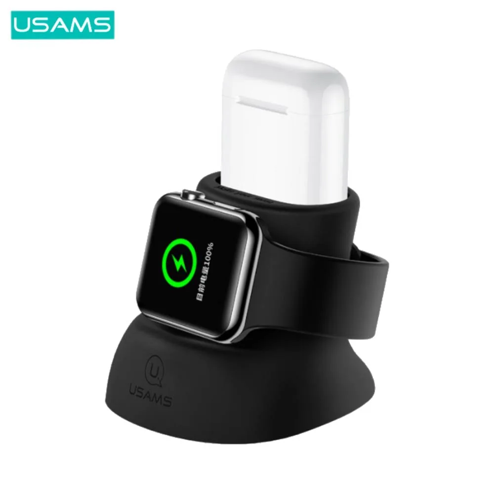 Support Silicone Usams pour Pad de Charge Apple Watch & AirPods Noir — vue 3