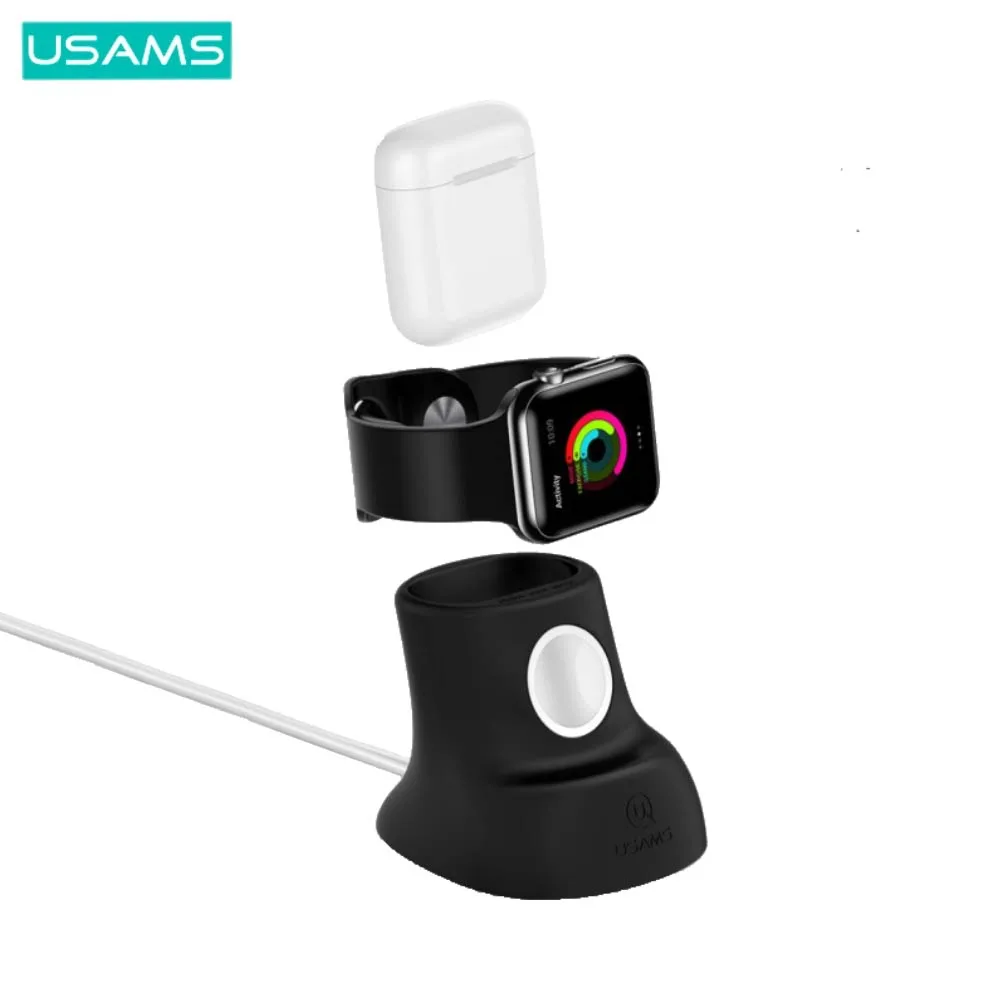 Support Silicone Usams pour Pad de Charge Apple Watch & AirPods Noir — vue 2