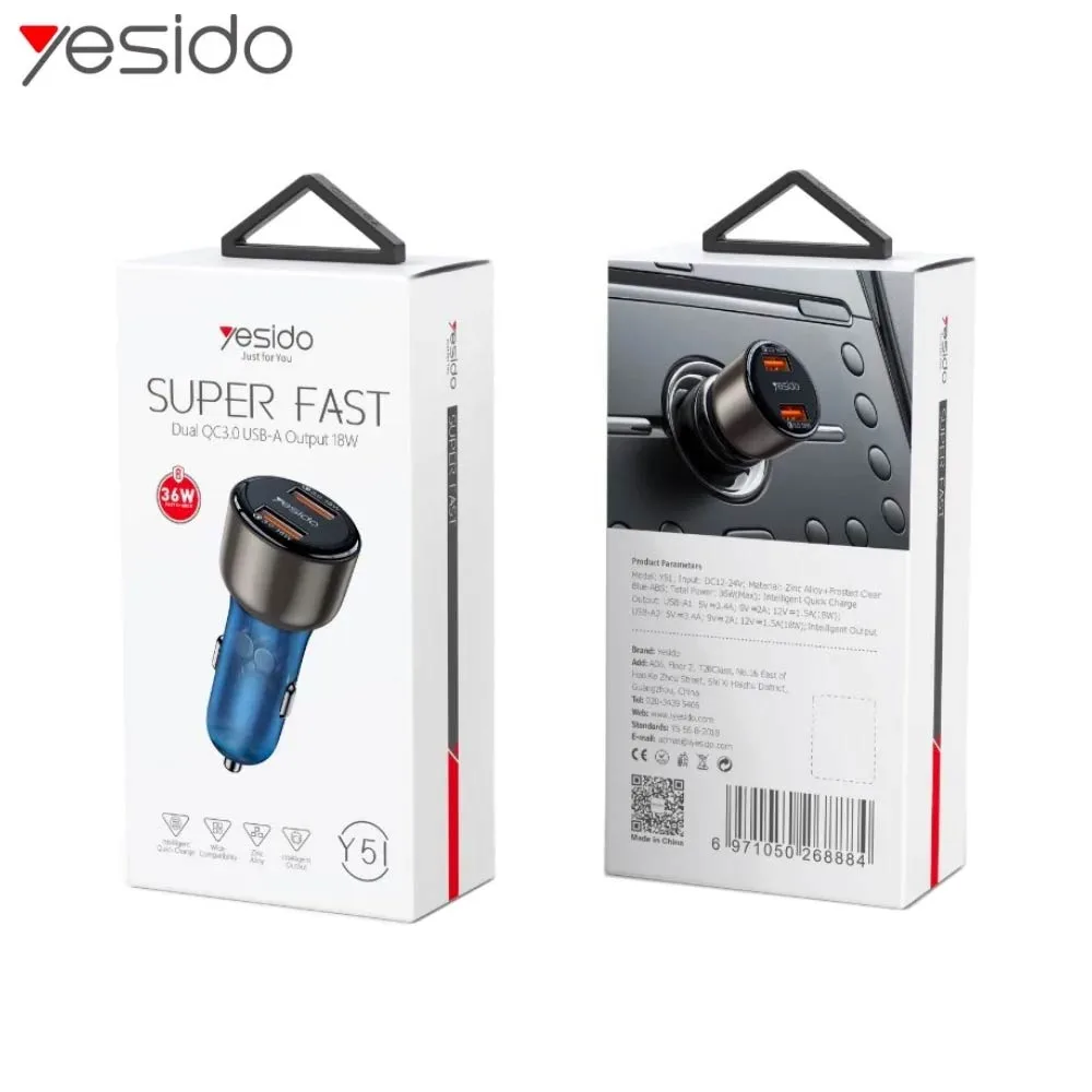 Chargeur Allume-Cigare Yesido Y51 36W Bleu