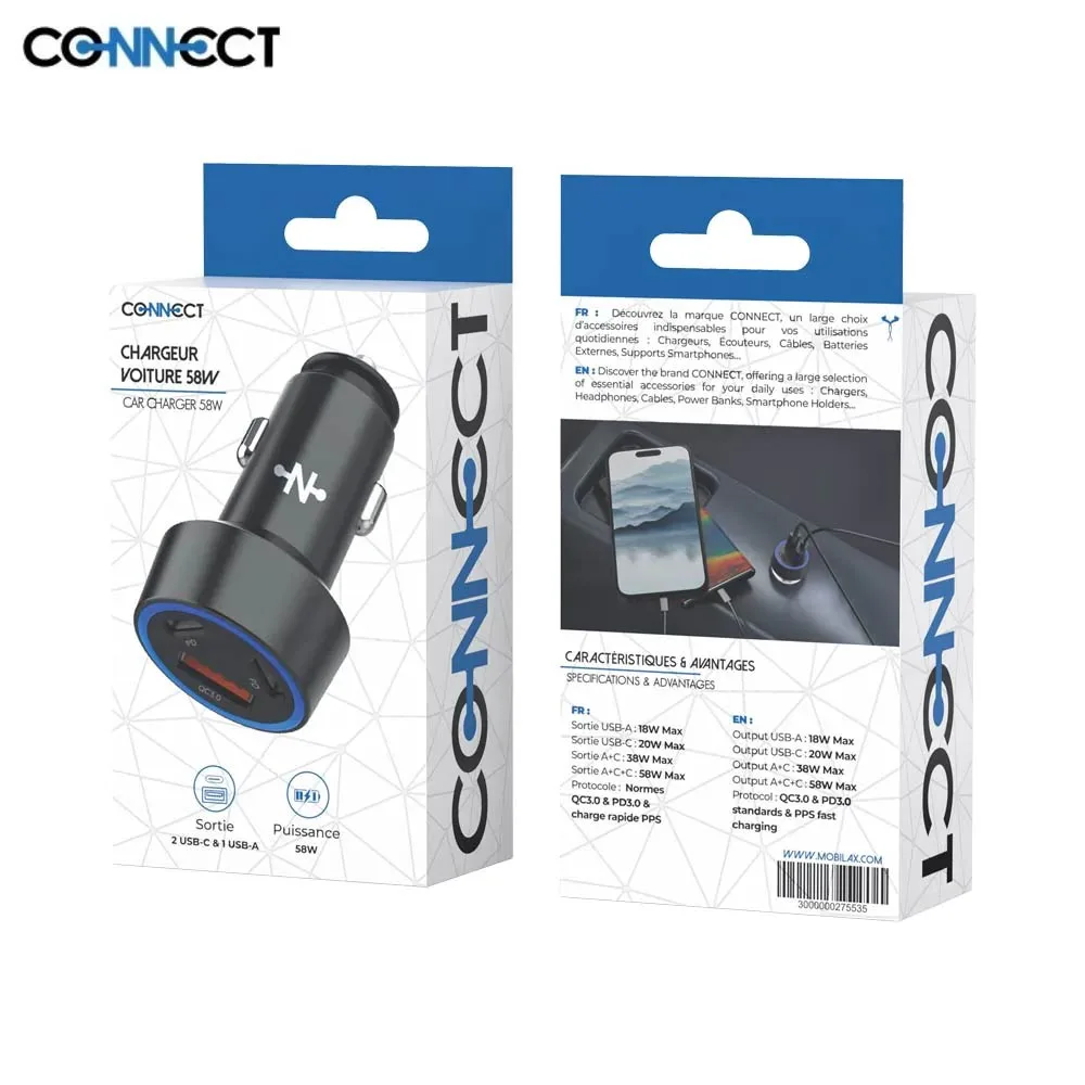 Chargeur Allume-Cigare CONNECT 58W (2x Type-C PD + USB QC3.0) Noir — vue 3