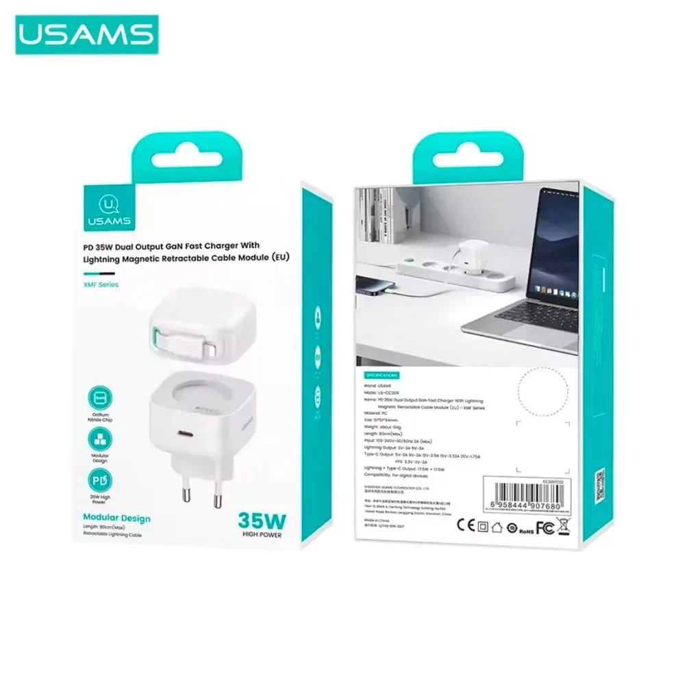 Chargeur Secteur GaN Usams Type-C 35W (avec Câble Rétractable Lightning) Blanc — vue 3
