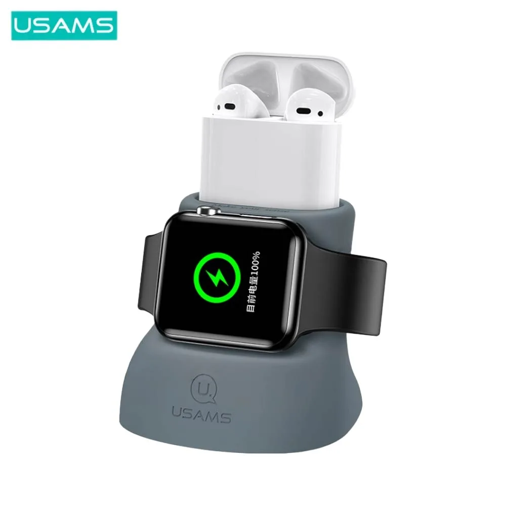 Support Silicone Usams pour Pad de Charge Apple Watch & AirPods Gris — vue 2
