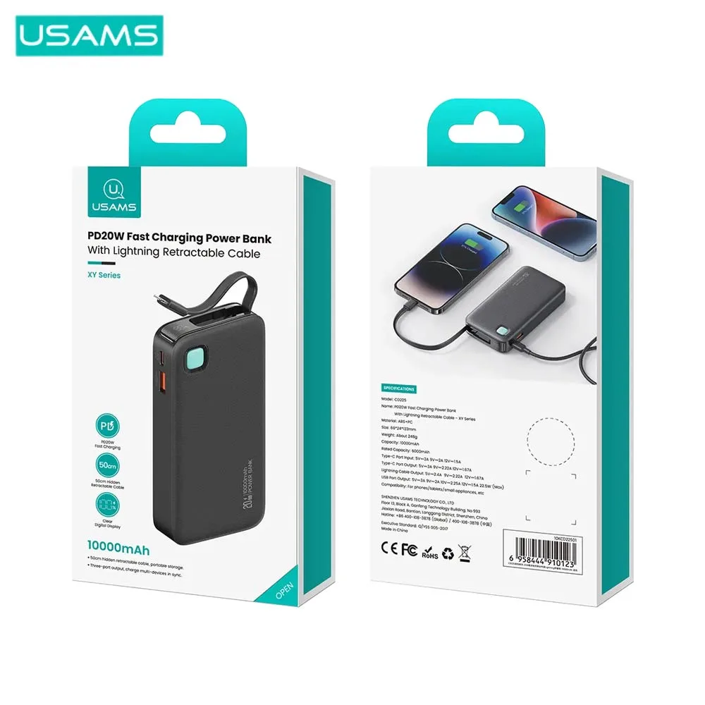 Batterie Externe Power Bank Usams CD225 Charge Rapide 20W (avec Digital Display & Câble Lightning Rétractable) 10000mAh Noir — vue 2
