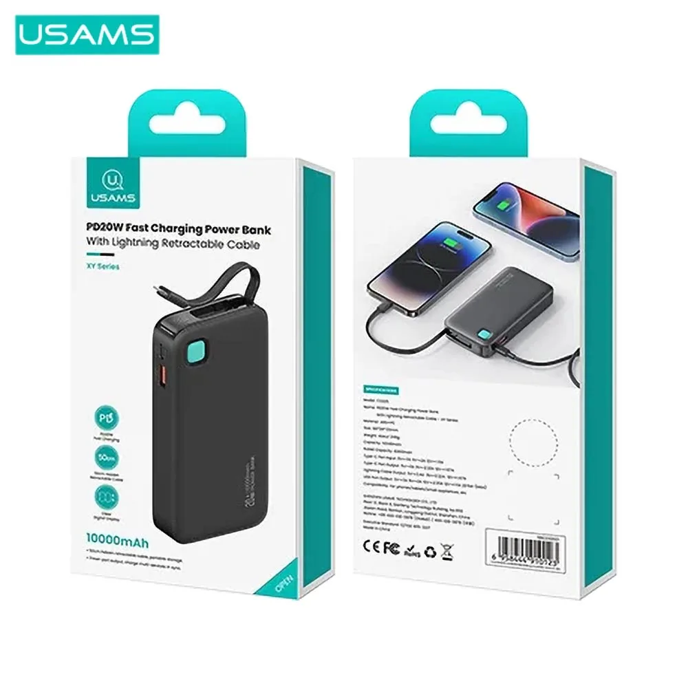 Batterie Externe Power Bank Usams CD224 Charge Rapide 20W (avec Digital Display & Câble Type-C Rétractable) 10000mAh Noir — vue 3