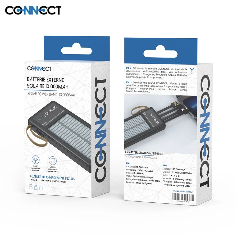 Batterie Externe Power Bank Solaire CONNECT 10000mAh Noir — vue 3
