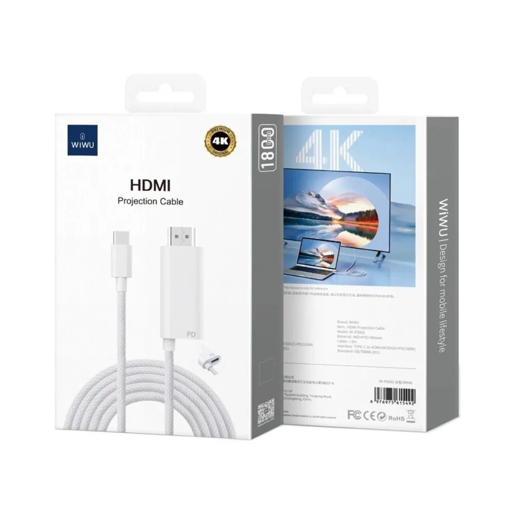 Câble USB-C vers HDMI Wiwu 1.8m Blanc