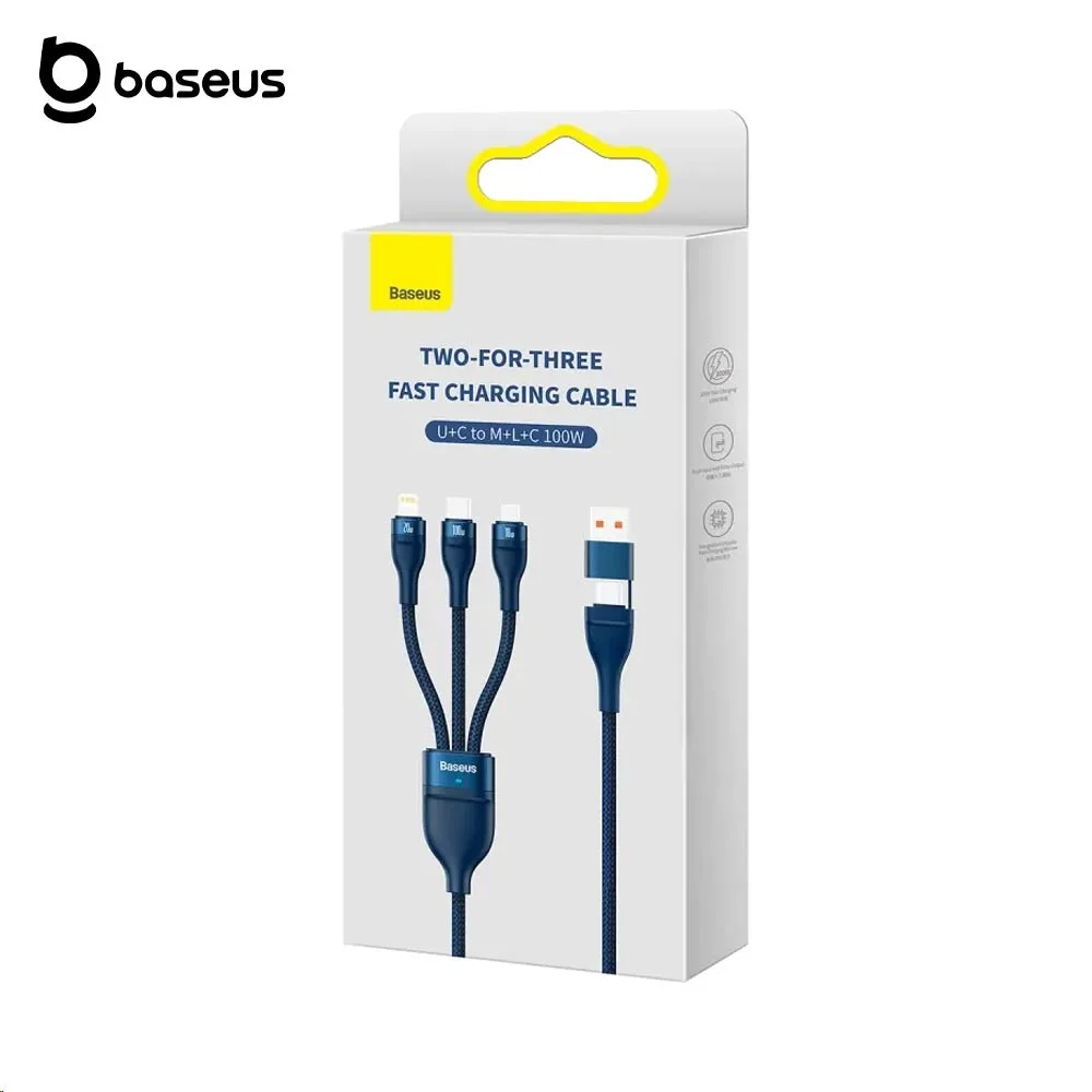 Câble Data Multi Baseus Flash Series II USB + Type-C vers Type-C + MicroUSB + Lightning 100W (1.2m) CASS030103 Bleu — vue 3