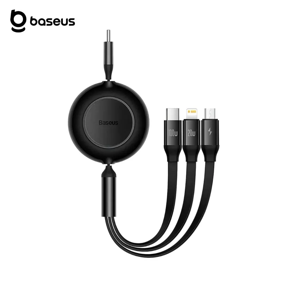 Câble Data Multi Baseus CAMJ010201 100W 3 en 1 Rétractable (Type-C vers MicroUSB + Lightning + Type-C) 1.1m Noir