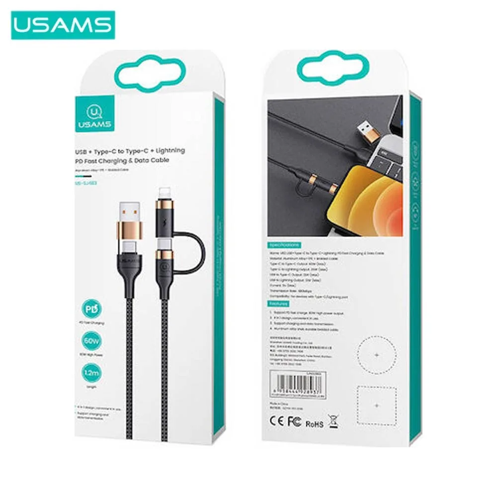 Câble Data Multi Usams U62 USB + Type-C vers Type-C + Lightning PD 3A (1.2m) Noir — vue 3