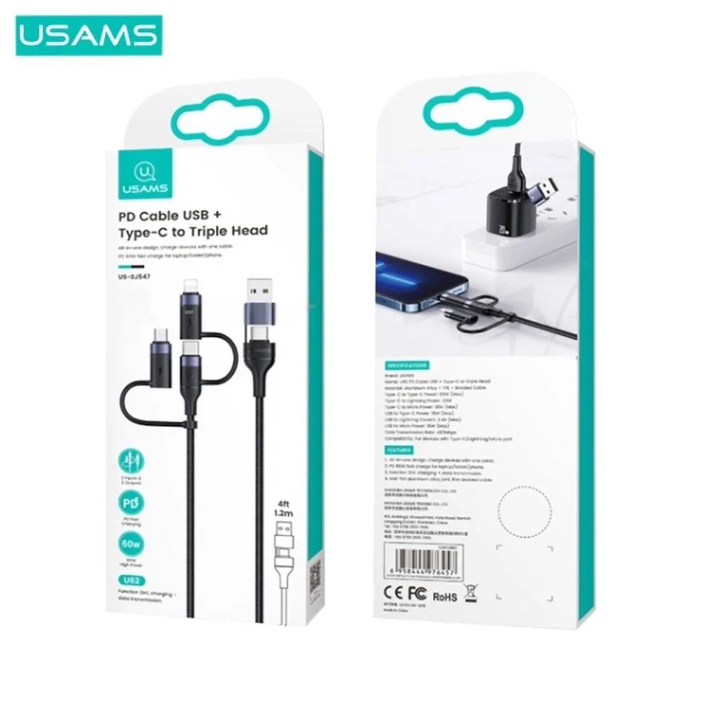 Câble Data Multi Usams U62 USB + Type-C vers Lightning + Type-C + MicroUSB 60W (1.2m) Noir — vue 3