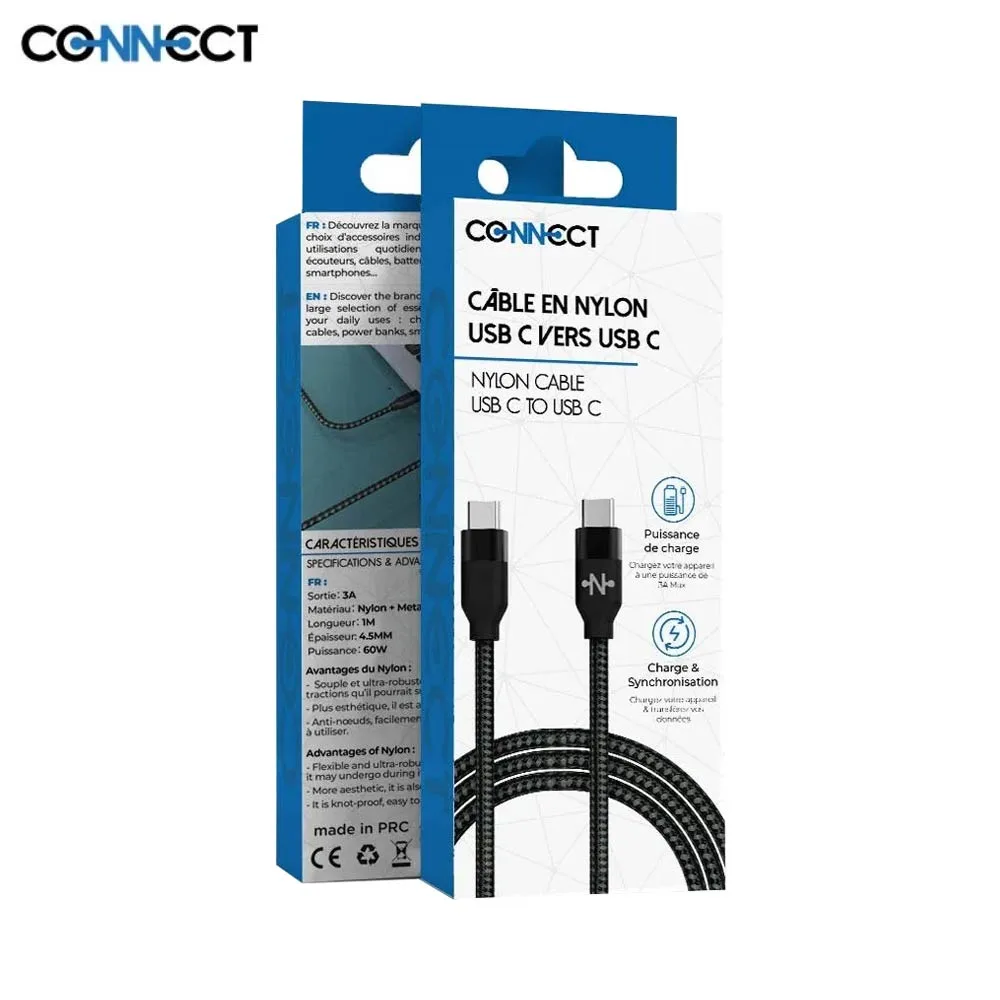 Câble Data USB-C vers USB-C CONNECT Nylon Tressé 60W (2m) Noir — vue 2