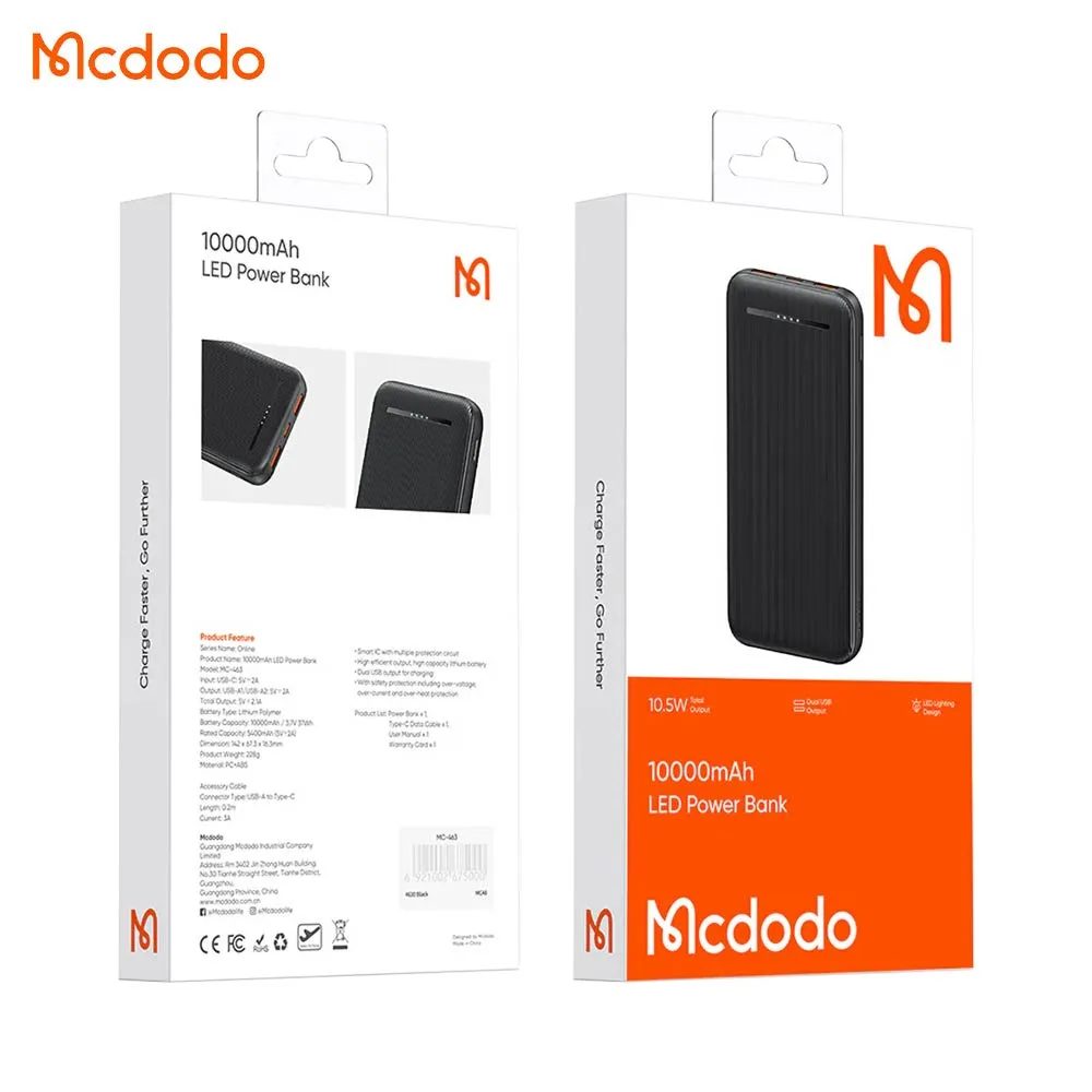 Batterie Externe Power Bank Mcdodo 10.5W 10000mAh Noir — vue 3