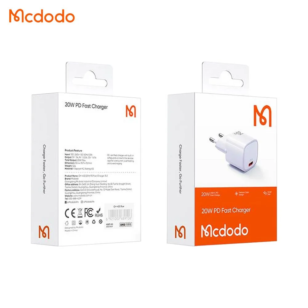 Chargeur Secteur USB-C Mcdodo Charge Rapide 20W Blanc — vue 3