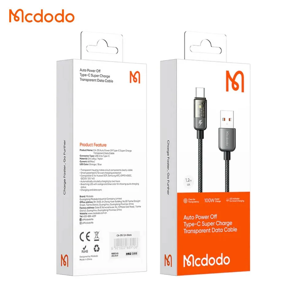 Câble Data USB vers USB-C Mcdodo Super Charge (Mise Hors Tension Automatique) 1.2m Noir — vue 3