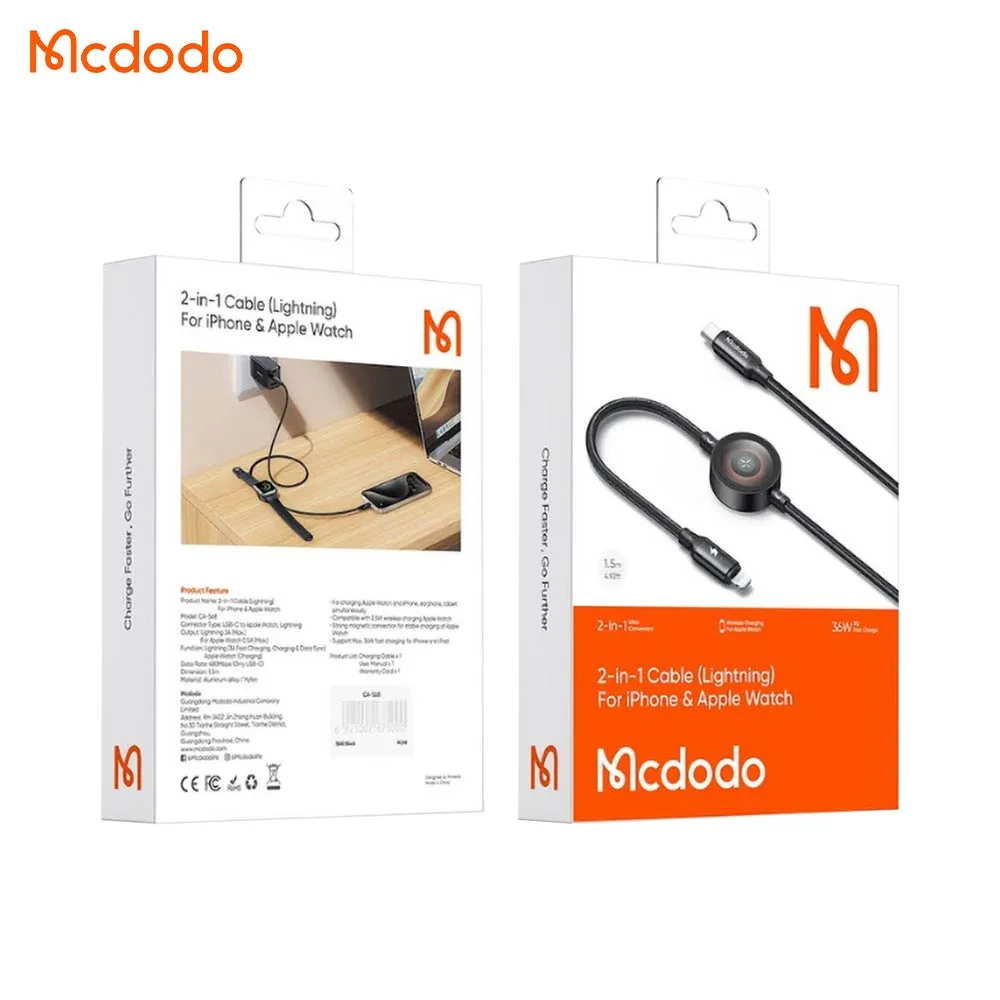 Câble de Charge Montre Connectée Mcdodo Type-C vers Type-C 60W + Pad de Charge à Induction Apple Watch (1.5m) Noir — vue 3