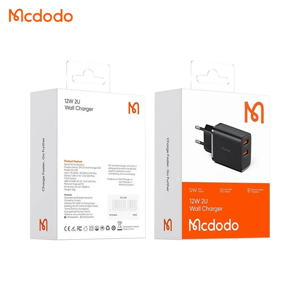 Chargeur Secteur Multi Mcdodo 2X USB 12W Noir — vue 3