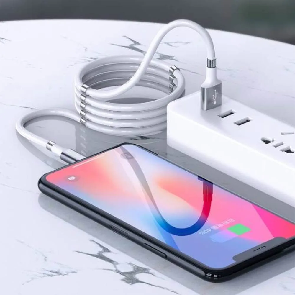 Câble Data USB vers USB-C Rock RCB0798 Enroulable Magnétique 2A (0.90m) Blanc — vue 2