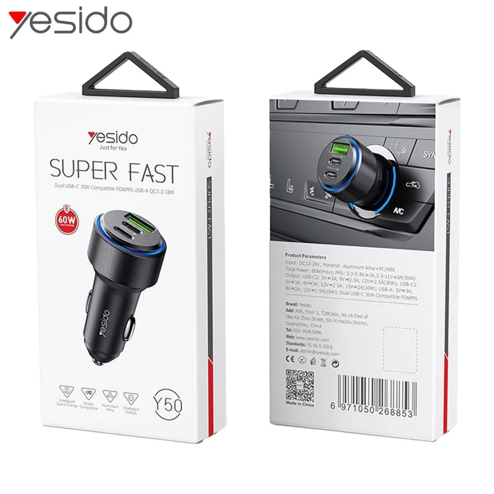 Chargeur Allume-Cigare Yesido Y50 60W Noir — vue 3