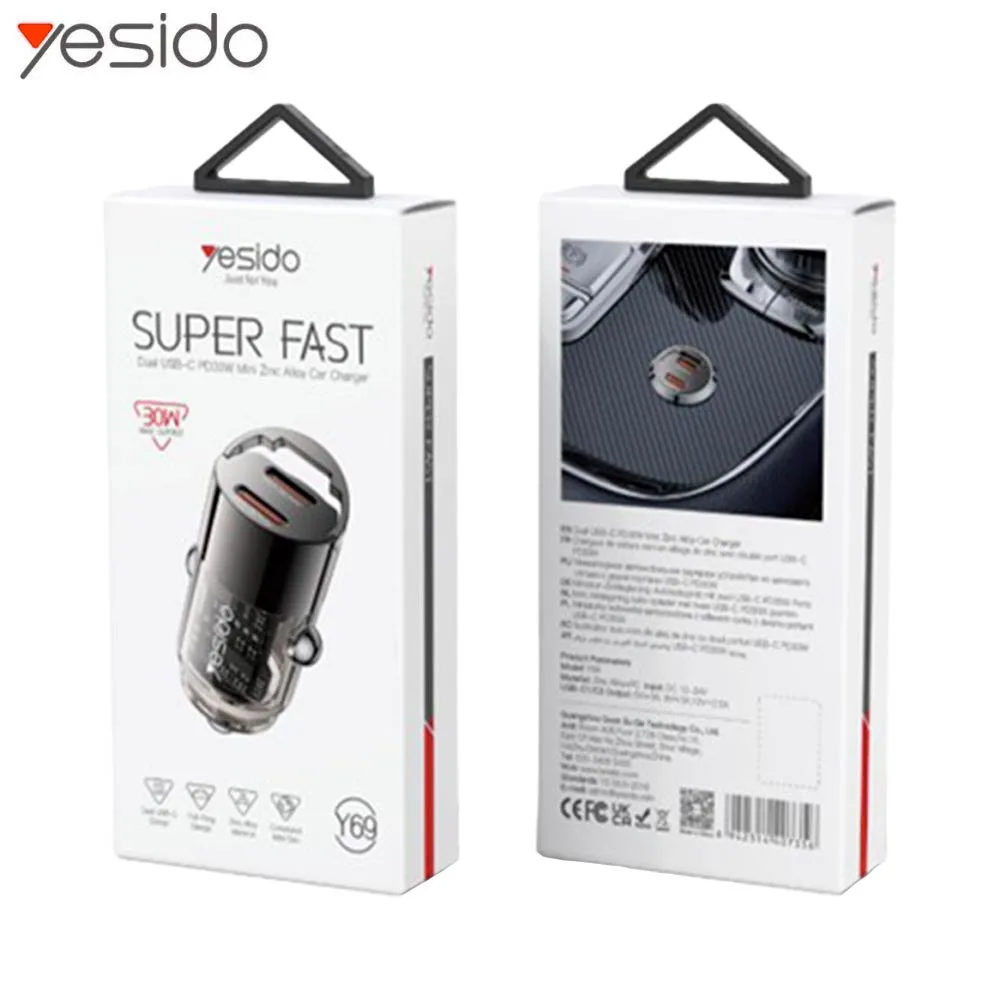 Chargeur Allume-Cigare Yesido Y69 SUPER FAST (2x Type-C PD30W) Noir — vue 3