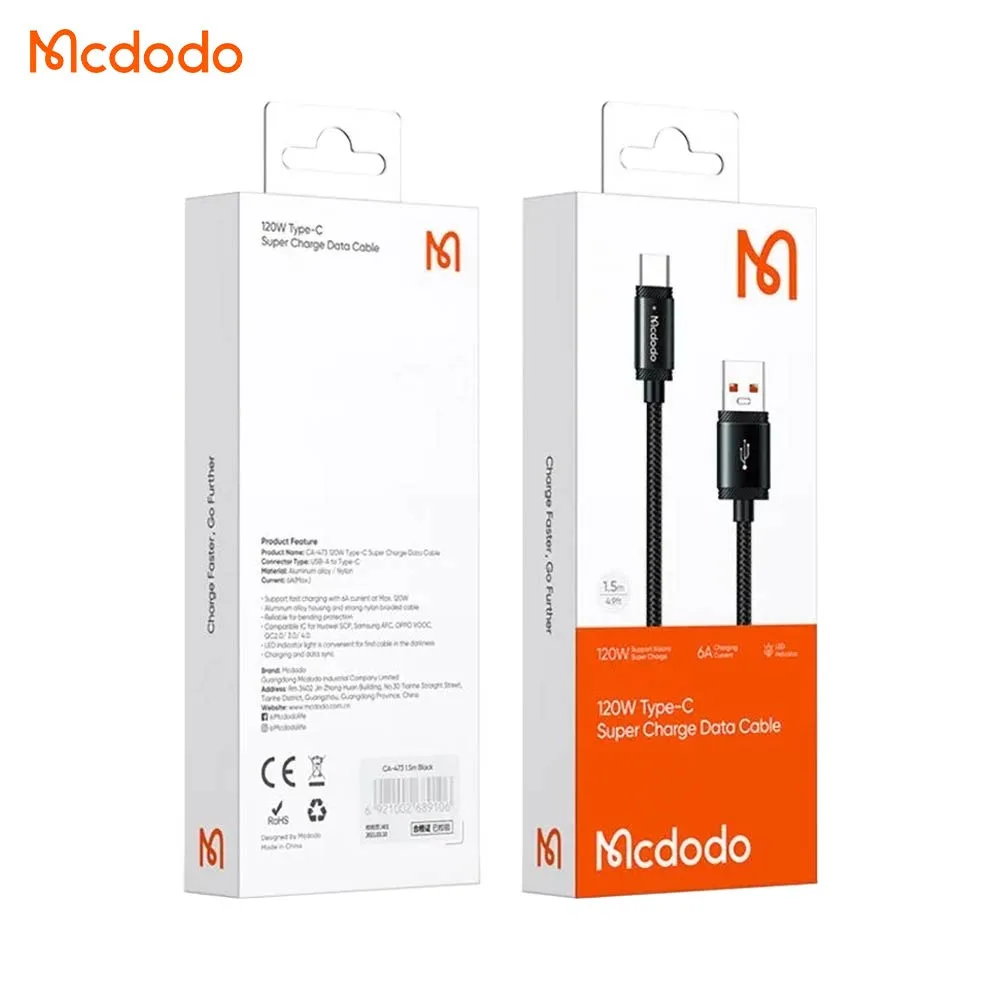 Câble Data USB vers USB-C Mcdodo 120W (avec LED) 1.5m Noir