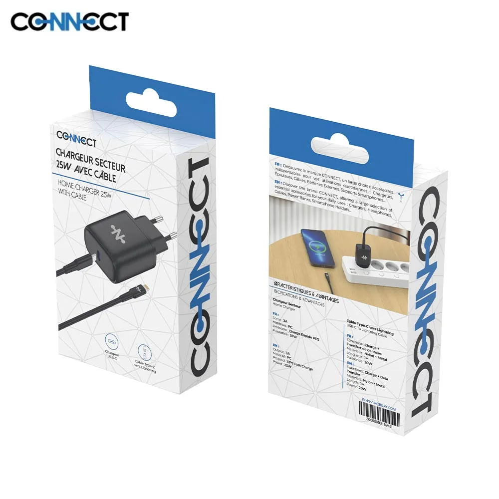 Chargeur Secteur USB-C CONNECT Charge Rapide 25W avec Câble Data Type-C vers Lightning (1m) Noir — vue 3