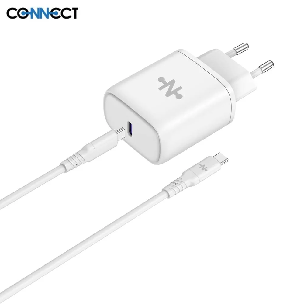 Chargeur Secteur USB-C CONNECT Charge Rapide 25W avec Câble Data Type-C vers Type-C (1m) Blanc — vue 3