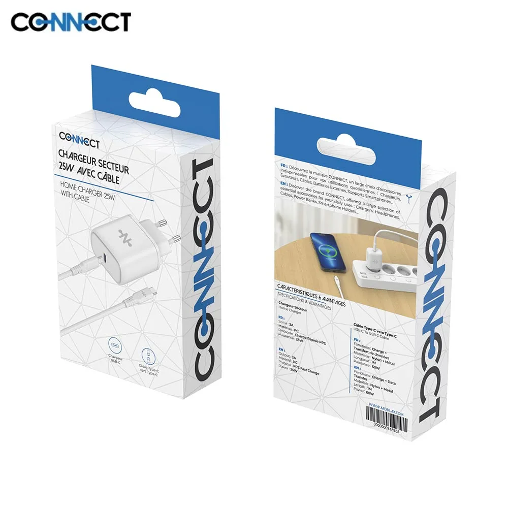 Chargeur Secteur USB-C CONNECT Charge Rapide 25W avec Câble Data Type-C vers Type-C (1m) Blanc — vue 2