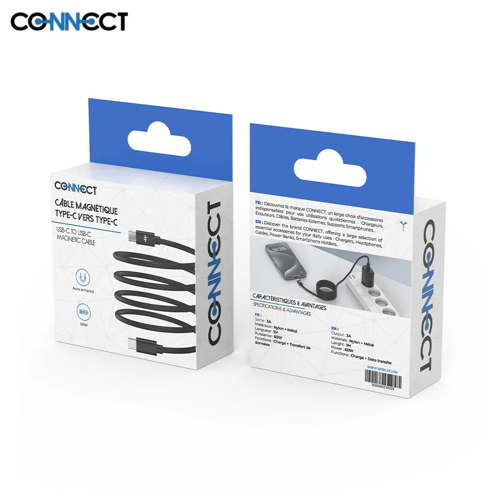Câble Data USB-C vers USB-C CONNECT 60W Magnétique (1m) Noir — vue 3