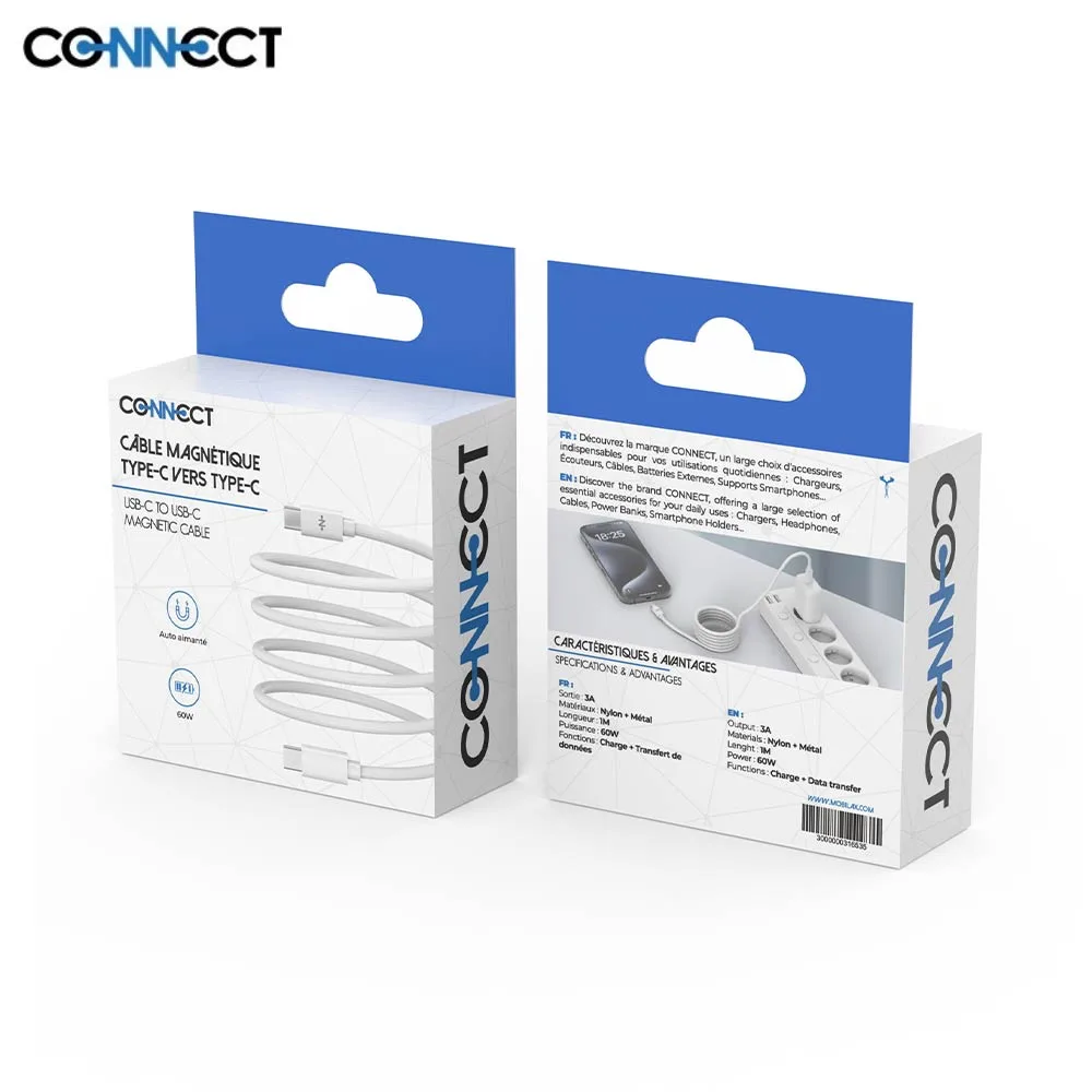 Câble Data USB-C vers USB-C CONNECT 60W Magnétique (1m) Blanc — vue 3