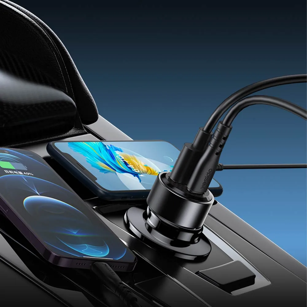 Chargeur Allume-Cigare Yesido Y55 60W avec Câble Type-C vers Type-C Noir — vue 2
