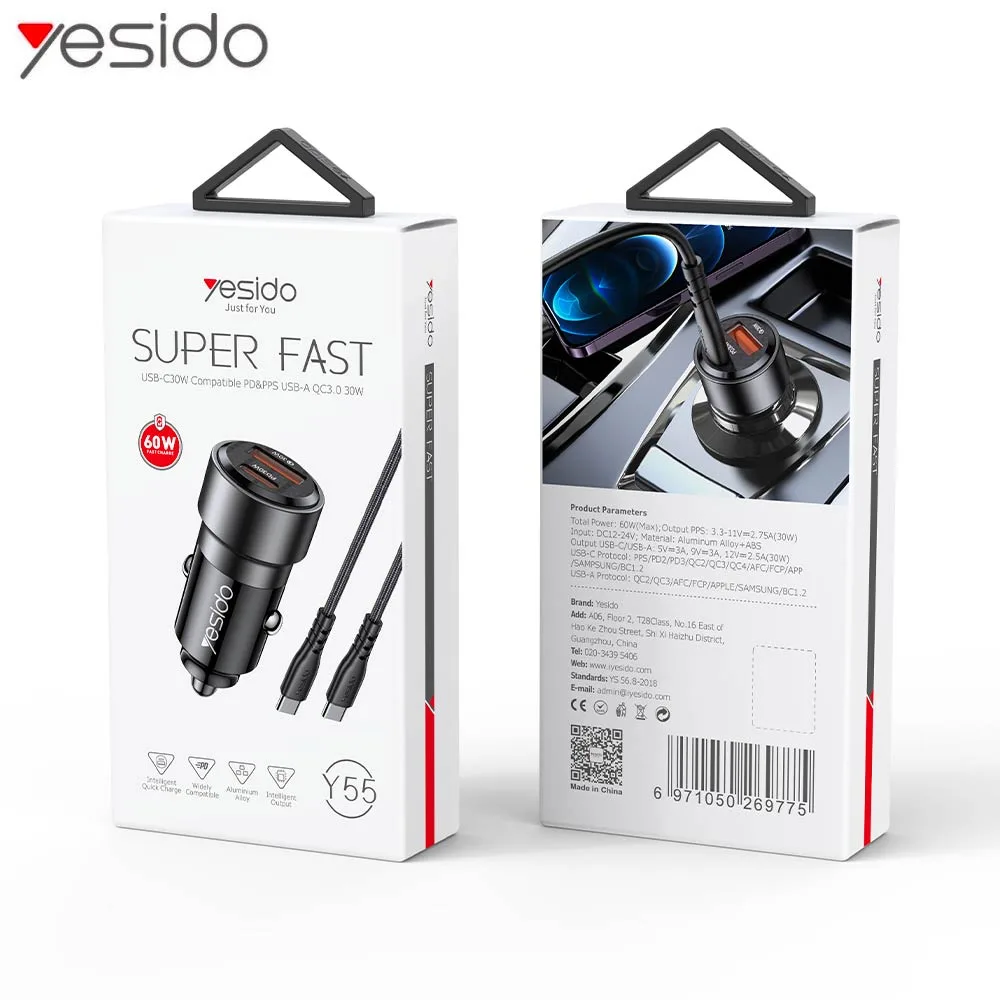 Chargeur Allume-Cigare Yesido Y55 60W avec Câble Type-C vers Type-C Noir — vue 3