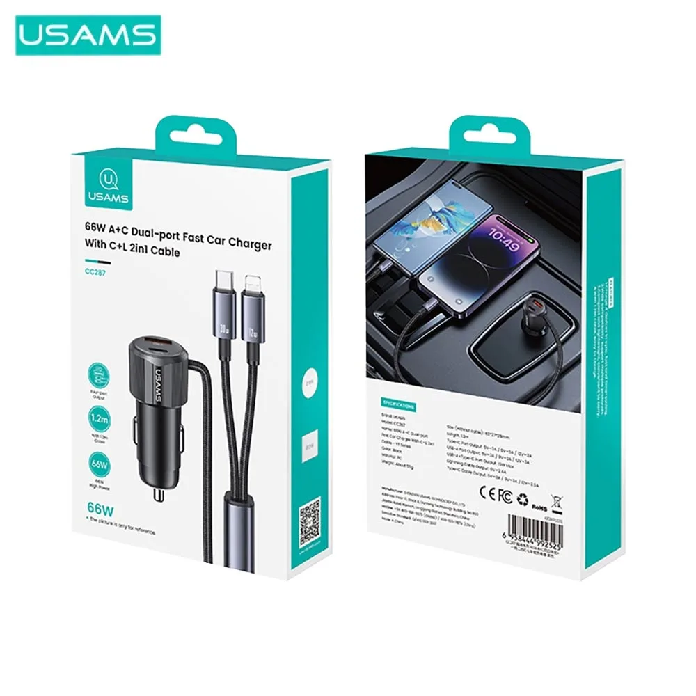 Chargeur Allume-Cigare Usams CC287 66W 2 en 1 Noir — vue 3