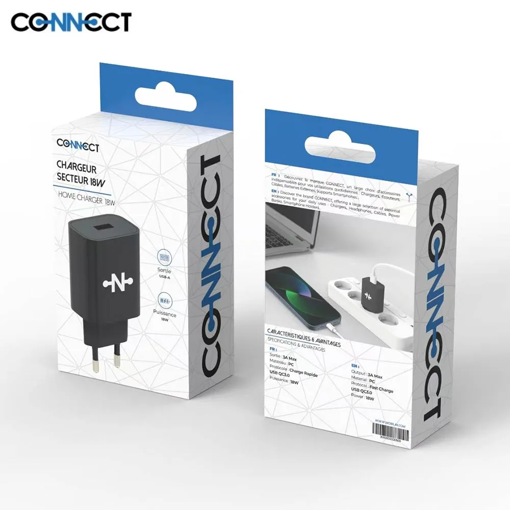 Chargeur Secteur USB CONNECT Charge Rapide 18W QC3.0 Noir — vue 2