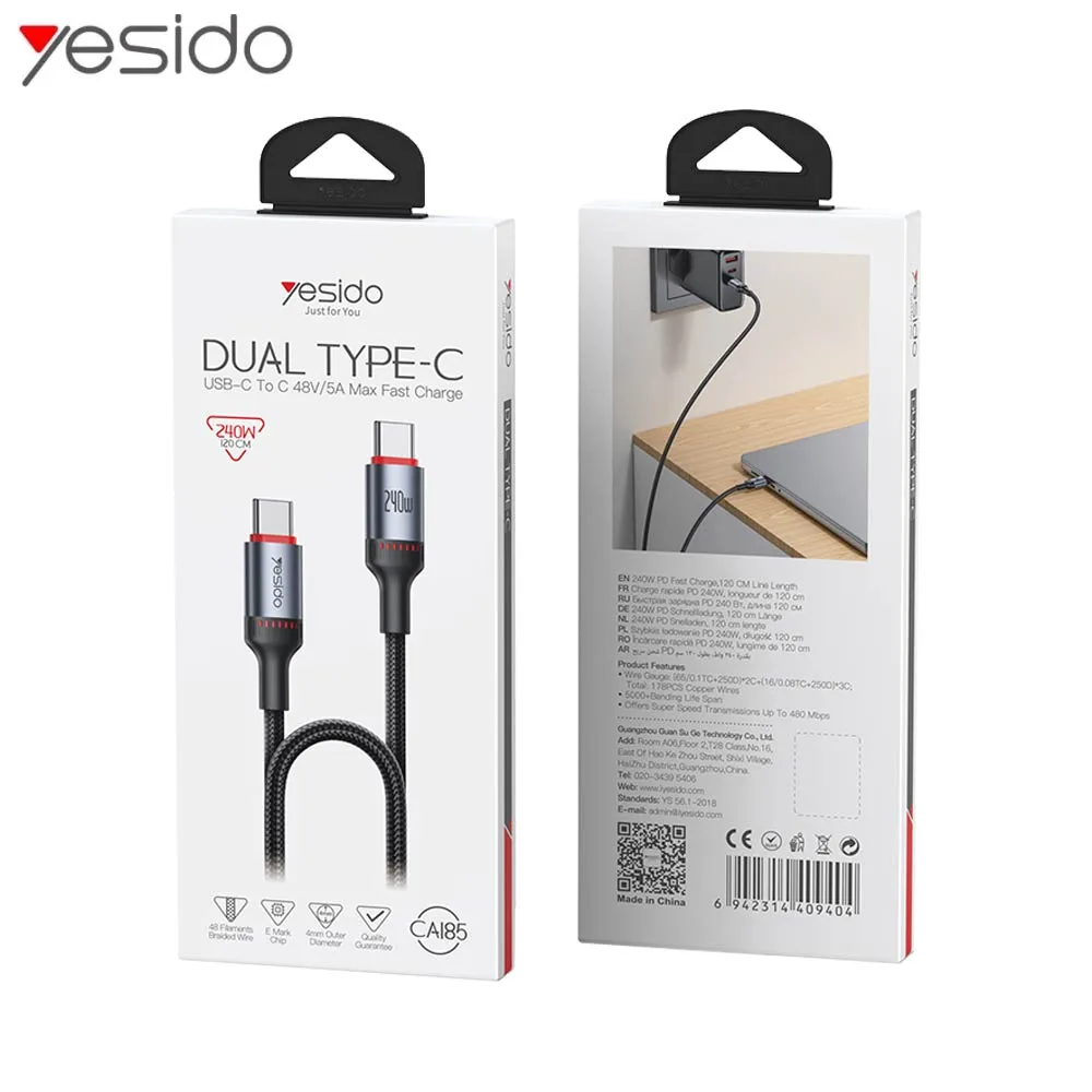 Câble Data USB-C vers USB-C Yesido CA185 240W Noir — vue 2