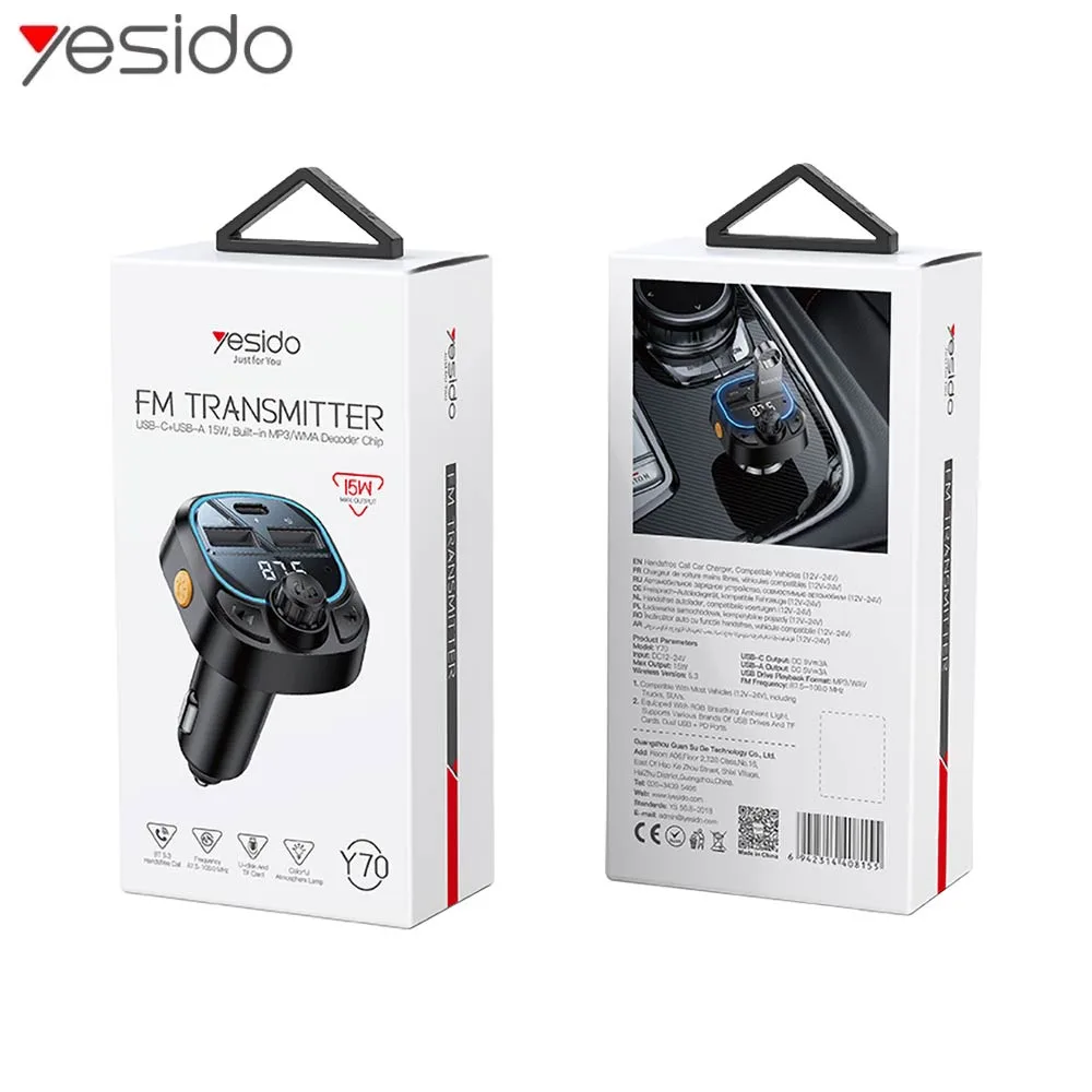 Transmetteur FM Bluetooth & Chargeur Voiture Yesido Y70 15W Noir — vue 3